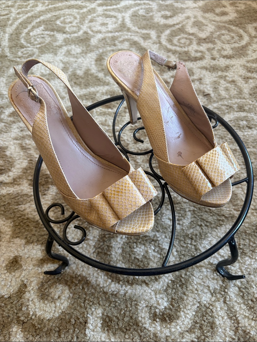 Vince Camuto Tan Peep-Toe Slingback Heels with Bow Accent